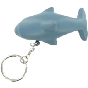 A blue dolphin-shaped keyring stress reliever with a metal keychain attachment.