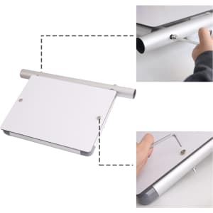 A tension fabric shelves stand in silver and white, featuring a fitted shelf and assembly tools for easy setup.