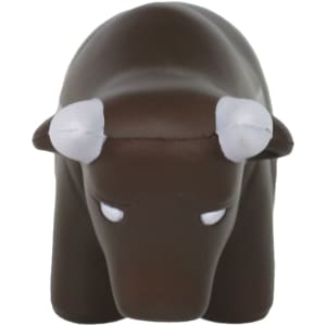 A brown bull-shaped stress reliever with white horns and minimal facial features. It has a smooth, rubbery texture.