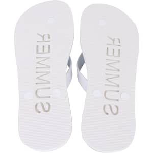 A pair of white EVA thongs with a textured sole. The thongs have a simple design and feature a logo.