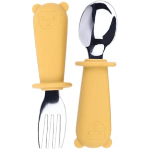 Yellow silicone cutlery set for kids, featuring a fork and spoon with bear-shaped handles. Includes a logo.