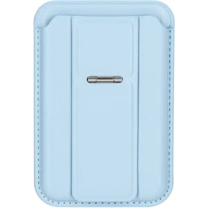 A light blue PU magnetic card holder with a phone stand, featuring a sleek design and a metal clasp.