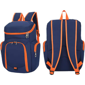 A navy blue backpack with orange accents and multiple pockets, featuring padded shoulder straps and a top handle.