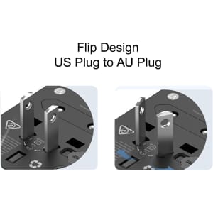 A black Mini Universal Travel Adapter with a flip design, featuring US and AU plug configurations and a logo.