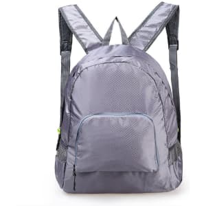 A grey backpack featuring adjustable straps and a front zip pocket, made from lightweight material.