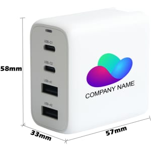 A white universal travel adapter with four USB ports, featuring a logo on the side, dimensions displayed beside it.
