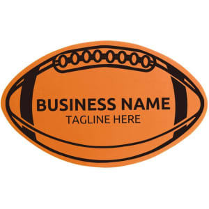 An orange foam mitt shaped like a rugby ball, featuring a black outline and a logo.