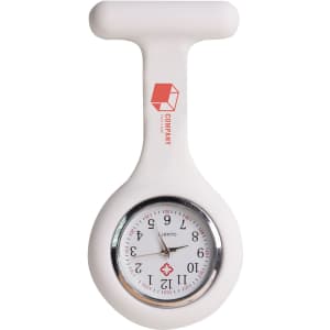 A white silicone nurse watch with a circular face and a logo on the side.