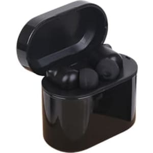 A black luxury cube case with true wireless earbuds inside, featuring a sleek design and a subtle logo.