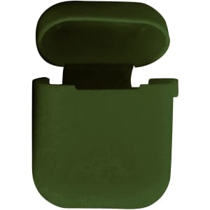 A green silicone protection case for AirPods, featuring a flexible design and an open top.