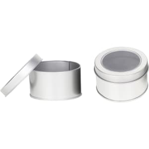 A silver tin can with a foam insert, featuring a clear plastic lid, displayed open and closed.