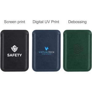Three PU magnetic phone card holders in black, navy blue, and green, each featuring different branding designs.