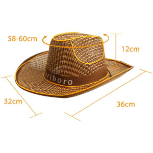 A light brown straw hat with yellow accents and measurements shown for size and dimensions. It features a logo.