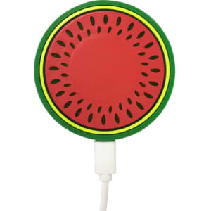A circular, custom-shaped PVC wireless charger designed to look like a watermelon, featuring green and red colours with black seeds.