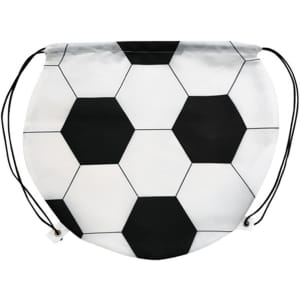 A ball-shaped drawstring backpack designed with a black and white hexagonal pattern resembling a soccer ball.