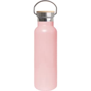 A drink bottle in a soft pink colour with a stainless steel neck and bamboo lid, featuring a metal handle.