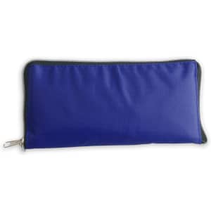 A foldable tote bag in blue with a zippered opening and a logo.