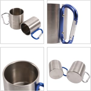 A drink bottle featuring a stainless steel body, a blue carabiner handle, and a smooth metallic finish.