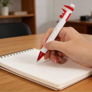 A white and red caliper pen in hand, poised over a blank, spiral-bound notebook on a wooden table.