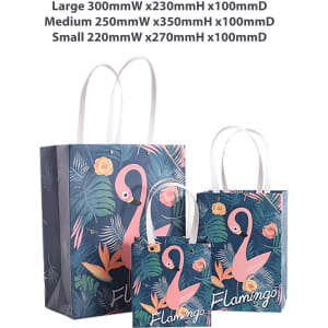 A collection of three promotional paper bags with a flamingo design, featuring various sizes and colours. Each bag has handles.