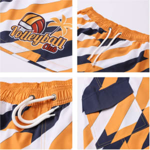 Women's board shorts featuring a vibrant orange and white striped design, complete with a drawstring and pocket.