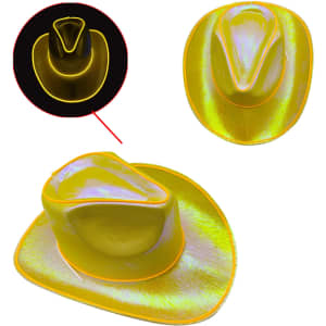 A yellow light-up cowboy hat with a shiny finish, featuring a prominent brim and a sleek design.