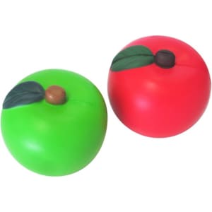 A red and a green apple-shaped stress reliever, both featuring a leaf and a stem design.