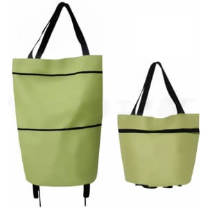 A light green collapsible shopping trolley bag with black straps, displayed in two different sizes.