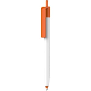 A push button pen with a creamy white barrel and an orange clip, featuring a logo on the barrel.