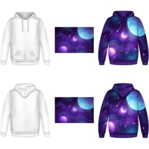 A white hoodie and a purple space-themed hoodie with a graphic of planets and stars, featuring a pocket.