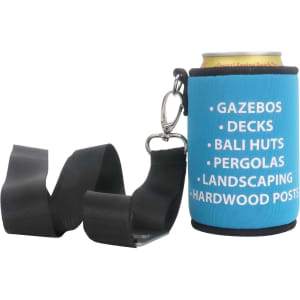 A drink bottle holder in turquoise with a black strap and a metal clip, featuring a logo.