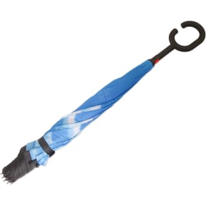 A blue reversible folding umbrella with a curved black handle and a logo.