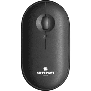 A black wireless travel mouse featuring a scroll wheel and a branding logo on the surface.