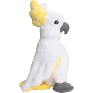 A white and yellow cockatoo plush toy with grey details and a small logo on its side.