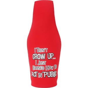 A drink bottle cooler in red with a fitted design and a logo.