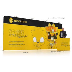 A 6m straight tension fabric display wall in black and yellow, featuring cartoon graphics and a logo, with a matching counter.