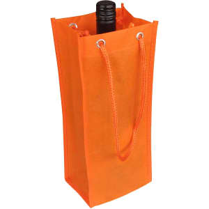 An orange non-woven single bottle bag with a rope handle, containing a drink bottle and featuring a logo.
