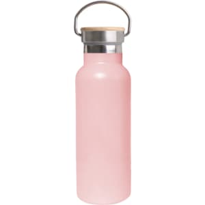 A drink bottle in soft pink with a bamboo lid and a metal handle. It features a stainless steel base.