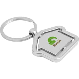 A silver metal keyring shaped like a house with a keychain loop and a logo.
