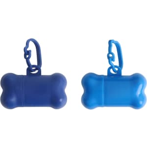 Bone-shaped pet waste bag dispensers in blue and navy, featuring clips for attachment.