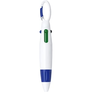A white pen with blue and green accents, featuring a carabiner attachment for easy carrying.