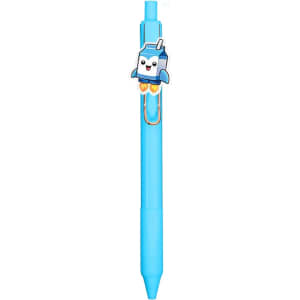 A blue acrylic pen featuring a cute milk carton clip and a logo on the barrel.