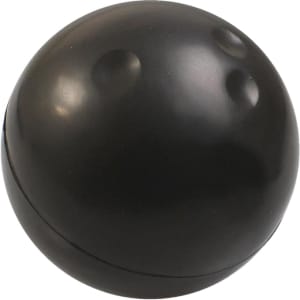 A black bowling ball-shaped stress reliever with a smooth surface and raised thumb holes. Features a logo.