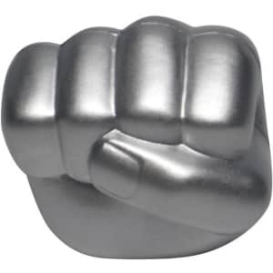 A silver clenched fist shaped stress reliever with a smooth finish, designed for stress relief.