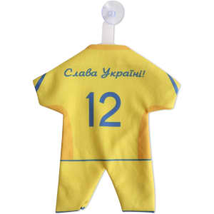 A custom mini jersey in yellow with blue accents and a hang tag. It features a logo and a number '12'.