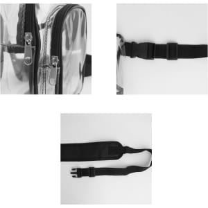 A clear PVC crossbody backpack featuring zippers, adjustable black straps, and a buckle closure.