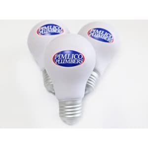 Bulb-shaped stress relievers in white with a silver base, featuring a logo on the front.