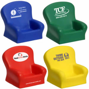 A group of small chair-shaped stress relievers in blue, green, red, and yellow, featuring various logos.