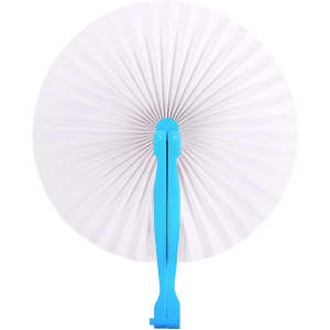 A round plastic paper fan with a blue handle and white fan blades, featuring a pleated design.