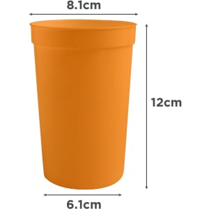 An orange 355ml plastic stadium cup with a cylindrical shape and a logo. Dimensions: 12cm height, 8.1cm diameter.